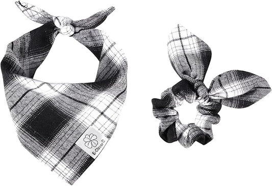 E-Clover Christmas Plaid Dog Scarf & Matching Scrunchie Set - Triangle Pet Bandana Bibs for Small Dog Puppy Owner Birthday Gifts - Black & White