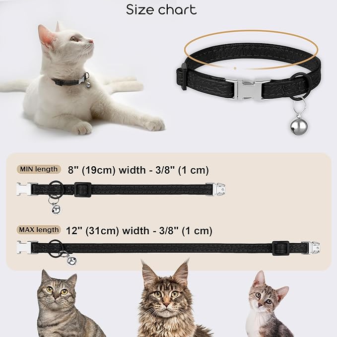 Leather Cat Collar with Buckle and Removable Bell - Non Breakaway Adjustable Soft Safety Small Pet Collars for Girl Boy Cats Kitten (Black)
