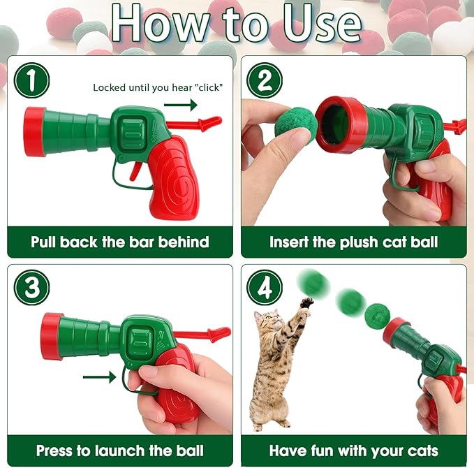 Mity rain 102PCS Cat Ball Launchers & Pom Pom Balls Interactive Cat Toy Set – Safe Soft Plush Kitten Toys for Indoor Cats, Fun Kitten Toys for Endless Active Play (Christmas)