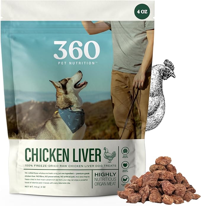 360 Pet Nutrition Freeze-Dried Raw Chicken Liver Dog Treats – Single Ingredient, High Protein, Grain-Free, All-Natural Training Snacks, Made in USA, 4 oz