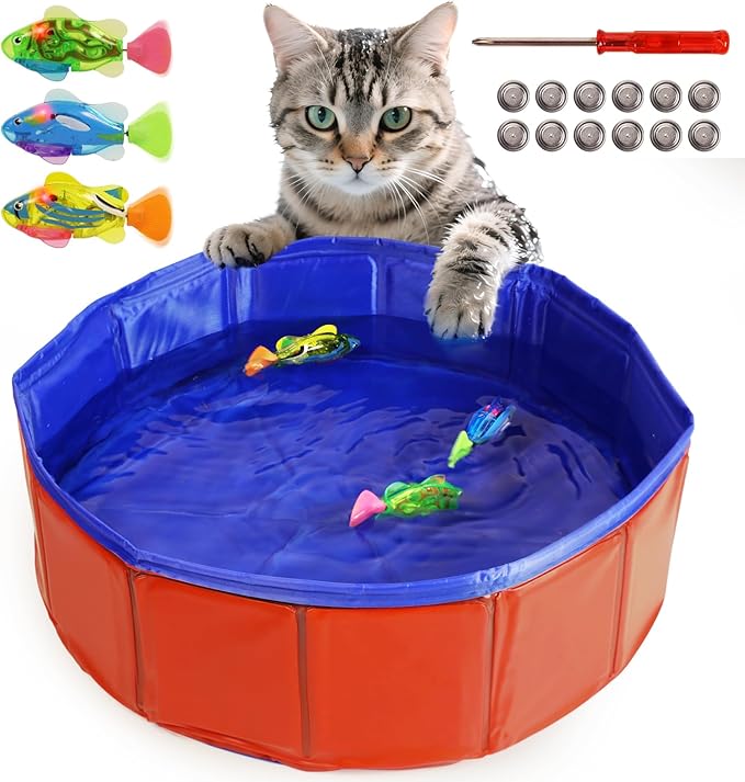 uniro Cat Pool Toy with Fishes - 3 LED Swimming Fish Toys for Cats Robo Swimming Fish with Flashing Lights- Foldable Cat Pool Proof Kitten Water Play Mat for Indoor Cats Fun Bath & Exercise FishToy