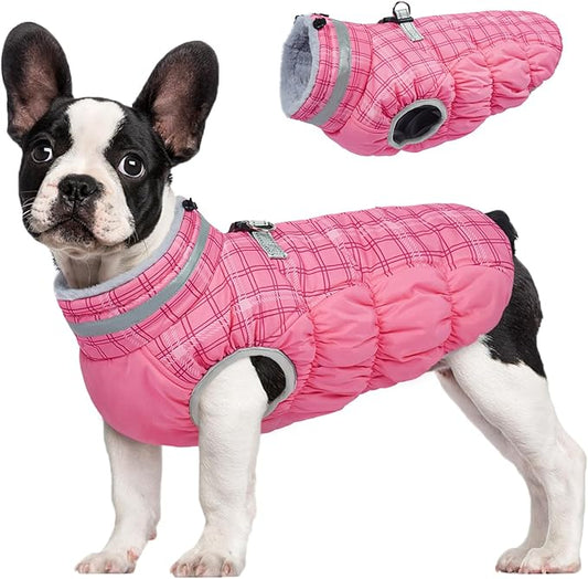 FUAMEY Dog Coat for Small Dogs,Waterproof Dog Winter Jacket with Harness Built in Puppy Cold Weather Coats Reflective Pet Vest with Zipper Warm Fleece Dogs Snowsuit Windproof Rose Plaid XS