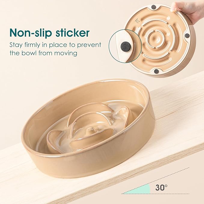 vancasso Slow Feeder Dog Bowl, 1.5 Cups Ceramic Slow Feeder for Medium Breed, Puzzle Maze Dog Food Bowl for Fast Eater, Khaki