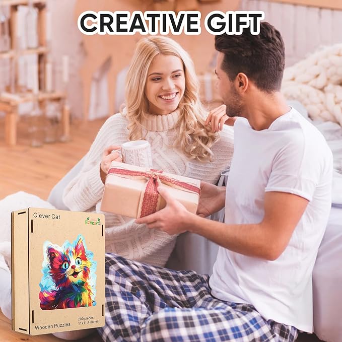 Bovearto Wooden Puzzles for Adults, 200 Pieces Cat Wooden Jigsaw Puzzles, Animal Unique Shaped Puzzle Gifts for Adults and Kids on Birthday, Thanksgiving, Family Puzzle Games (11'' x 11.4'')