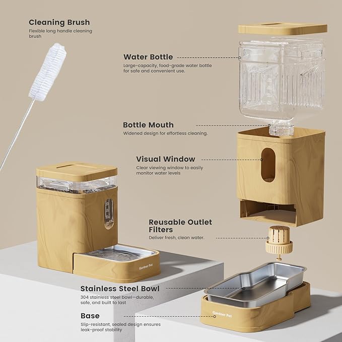 Gardner Pet Automatic Dog Water Dispenser Gravity Waterer with Stainless Steel Bowl Water Dispenser 6.5L Large Capacity Water Feeder with Filters for Dogs Cats Pets, BPA-Free Noise-Free (Brown, 6.5L)