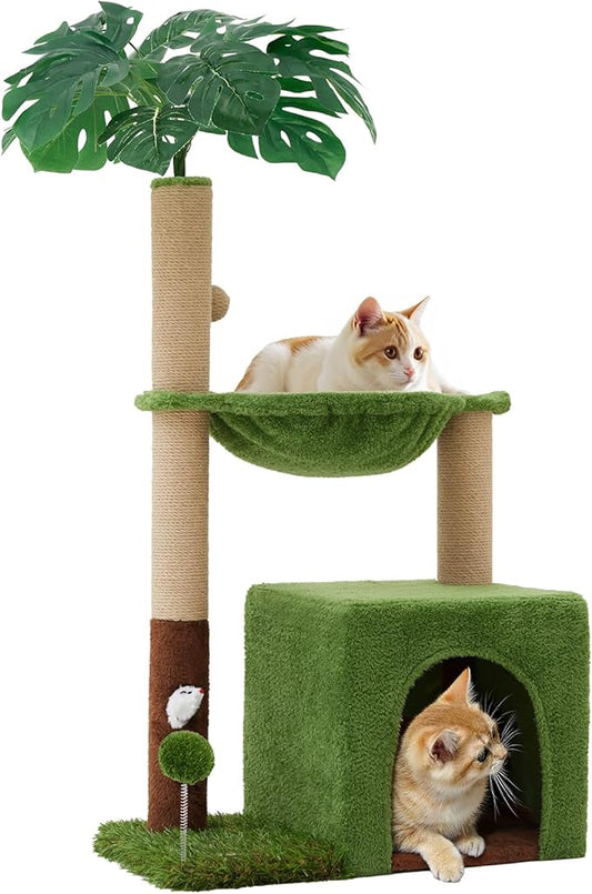 37" Cat Tree Tower for Indoor Cats，2-in-1 Multi-Functional Comfort with Premium Sisal Scratching Post, Cat Cando with Mouse Hole and Plush Toy Ball Large Hammock for Kitty or Small Cats