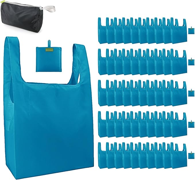 BeeGreen Light Blue Reusable Grocery Bags Wholesale Blue Reusable Kitchen Bags Bulk with Elastic Band Foldable-Machine Washable with Zipper Storage Pouch 50 Packs