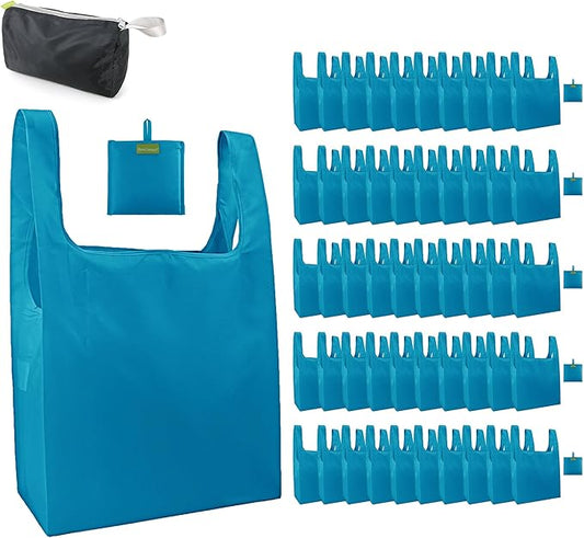 BeeGreen Light Blue Reusable Grocery Bags Wholesale Blue Reusable Kitchen Bags Bulk with Elastic Band Foldable-Machine Washable with Zipper Storage Pouch 50 Packs