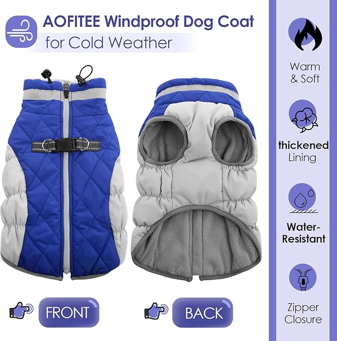AOFITEE Dog Coat, Warm Dog Jackets for Small Dogs, Dogs Winter Coat with Harness Built in, Reflective Pet Winter Jacket, Waterproof Windproof Puppy Puffer Jacket Fleece Vest, Blue XS