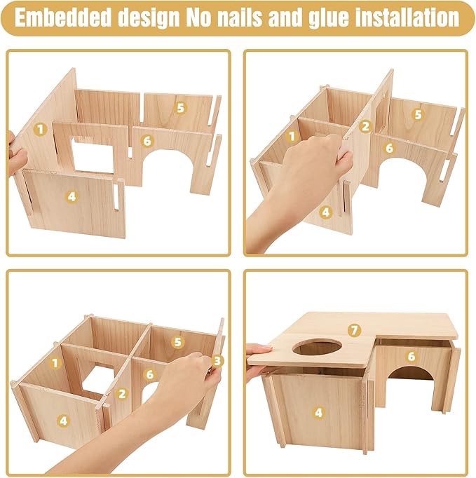 PAWCHIE Guinea Pig Hideout Hamster House with Multi-Rooms - Small Animals Pets Hideout Multi-Chamber Wooden Hut Habitats Decor Tunnel for Guinea Pigs, Hamsters, Chinchillas