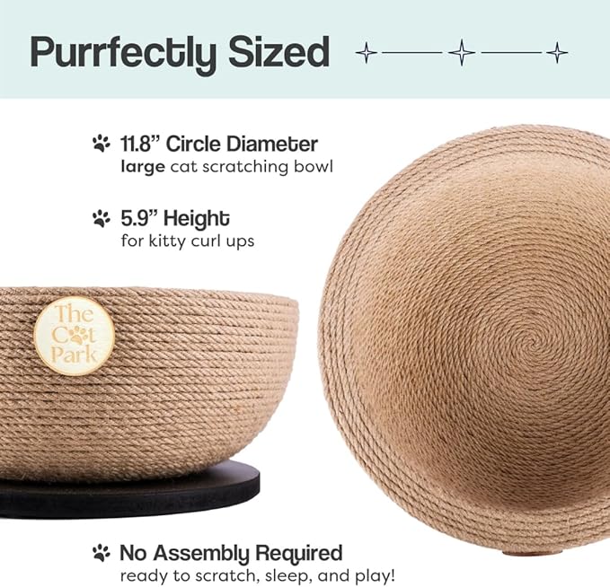 Da Bowl – 2-in-1 Sisal Cat Scratcher Bed with Catnip & Solid Wood Base for Indoor Cats, Round Scratching Nest, Jute Scratching Lounge Couch, Durable Pre-Assembled Cat Furniture, 13.8x5.9