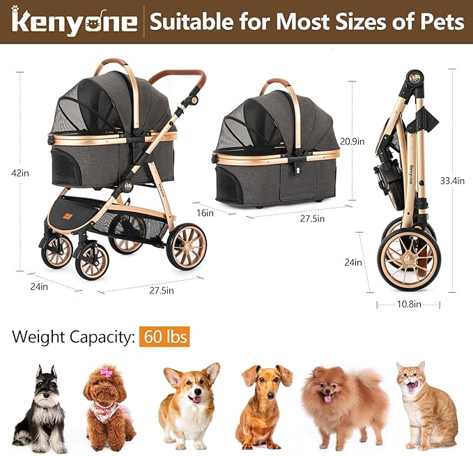 Kenyone Pet Stroller 3 in 1 for Medium Small Size Dogs Luxury Large Cat Stroller Detachable Carrier for Puppy, Kitty, Doggie (C510L Dark Gray)