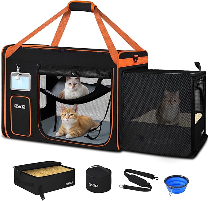 Petskd Side Expandable Extra Large Cat Carrier with Litter Box Area for Long Distance Car Travel,24"x17"x17" Collapsible Soft-Sided Large Pet Carrier with Zipper Locks for 2 Cats Under 55LBS(Black)