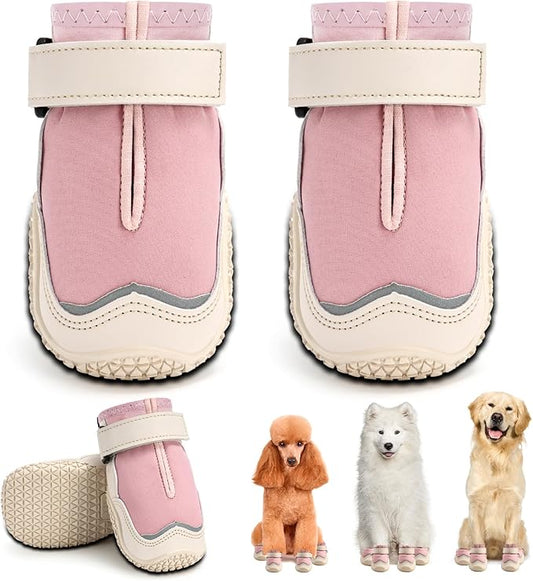 Hcpet Dog Boots for Large Dogs, Dog Shoes for Hot Pavement Winter Snow, Paw Protector Dog Booties Designed for Comfort and Breathability, Outdoor Booties for Small Medium Dogs for Hiking Pink Size 4