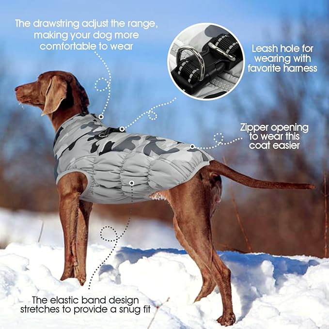 FUAMEY Dog Coat for Medium Dogs,Waterproof Dog Winter Jacket with Harness Built in Puppy Cold Weather Coats Reflective Pet Vest with Zipper Warm Fleece Dogs Snowsuit Windproof Grey Camo M