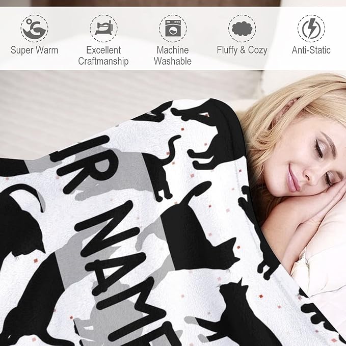 Personalized Cat Blanket Gifts with Name - 50"x60" Cute Throw Blanket for Adults Kids - Black Soft Plush Throws for Bed, Couch & Travel