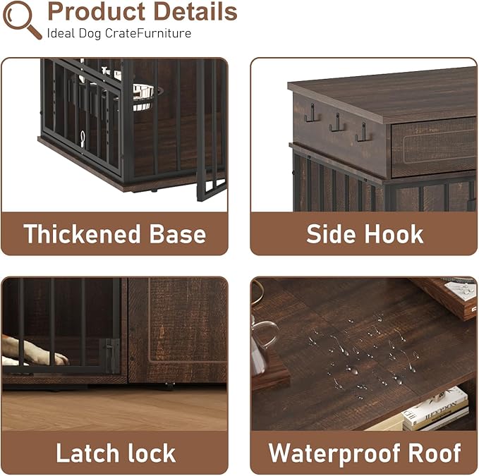 86.6" Dog Crate Furniture Large Breed TV Stand with Double Rooms, Wooden Dog Kennel Furniture with Dog Bowl, 2 Drawers and Cabinet for Large Medium Dogs, Brown