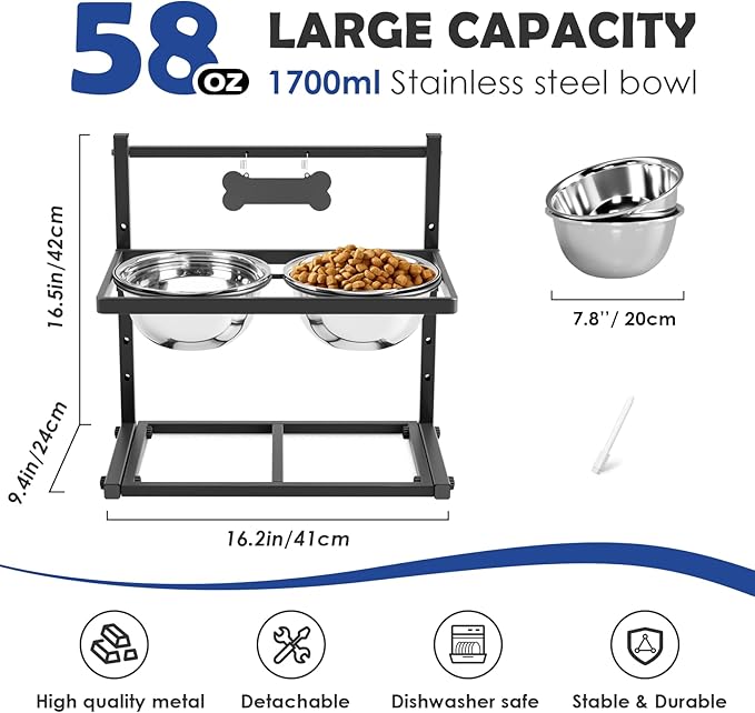 Elevated Dog Bowls for Dogs,Raised Dog Bowl Stand with Two 1700ML Stainless Steel Bowls, Adjustable Tall Dog Food Water Bowls