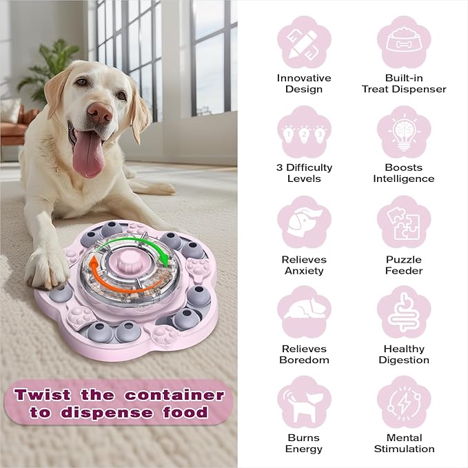 KADTC U.S. Brand & Design -3 Levels of Challenge Spinning Dog Puzzle Toy for Small/Medium/Large Dogs Puzzles Feeder Treat Slow Dispenser Puppy Food Dispensing Enrichment Pink Thanksgiving Toys Gift