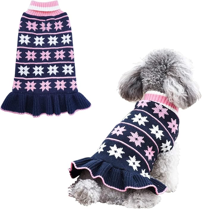 KYEESE Dog Sweater for Medium Dogs Fall Winter for Girl Dogs Clothes Warm Pet Coats with Leash Hole Pullover Dog Sweater Dress Knit Turtleneck Pet Sweater with Snow Flake Pattern, Navyblue, XX-Large