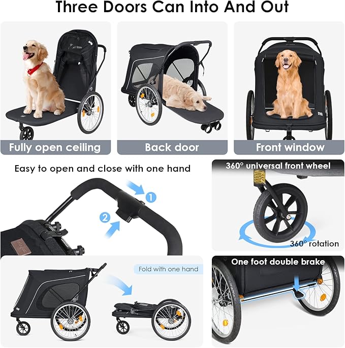R8 Extra Large Foldable Pet Stroller, Dog Stroller & Pet Trailer for Large Dogs Under 100 lbs, Unmovable, Disabled & Pregnant Dogs - Conveniently Carriable by Bike and Car, Black