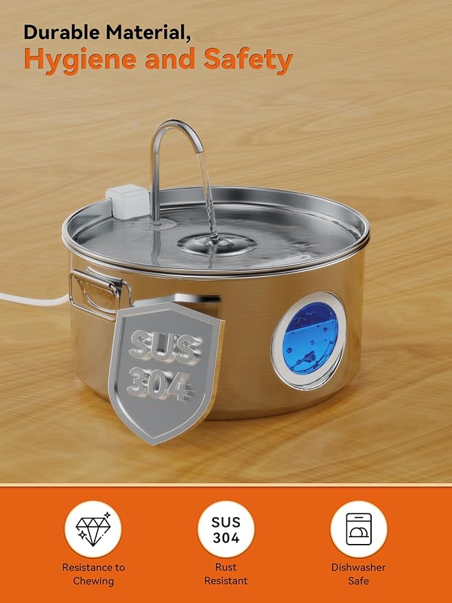 Dog Water Fountain for Large Dogs, 3.2Gal/406oz/12L Stainless Steel Dog Water Fountain, Quiet Dog Water Bowl Dispenser with Visible Window for Multi-pet Home, Includes 7 Filters Set