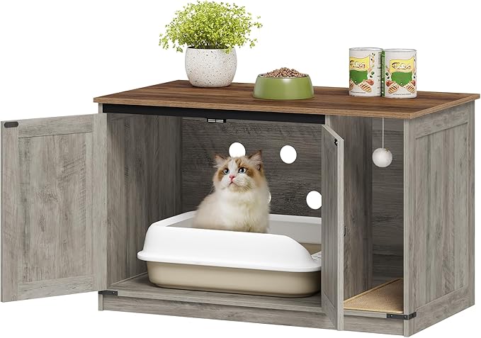 Cat Litter Box Enclosure, Hidden Litter Box Cabinet Furniture with Bell, Indoor Cats House, Farmhouse Style, 39.4 x 21.7X 24.8 Inches, for Hallway, Bedroom, Greige CB85205X