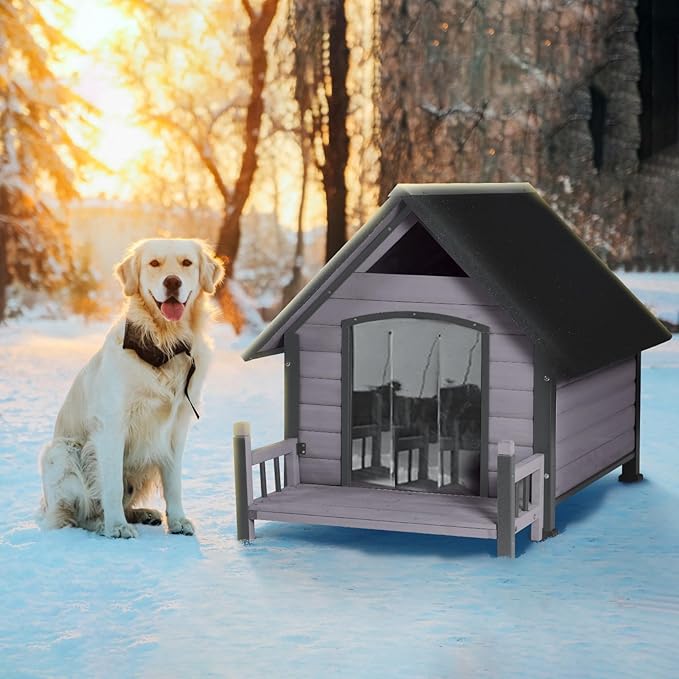 Dog House with Insulated Liner, Waterproof Dog Kennel for Small to Medium Size Dogs, Outdoor Doghouse 100% Insulated Puppy Shelter with Elevated Floor for Winter (Grey, Medium)
