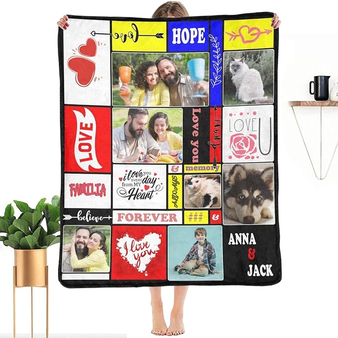 Custom Blanket with Photos, Personalized Blankets Gifts for Family Lover Friends Sisters Adults, Customizable Queen Bed Throws with Text Souvenirs 7 Photo Collage Made in US