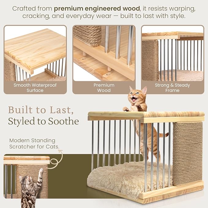 Wooden Cat House for Indoor Cats – Cat Furniture - Cat Bed with Area Scratching Pad - Cat Houses & Condos – Bedside End Table & Coffee Table for Living Room, Bedroom Decoration