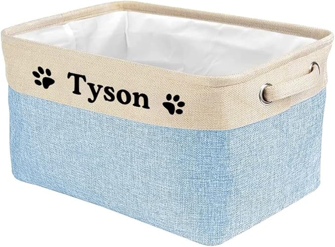 Custom Dog Cat Toy Storage Basket with Name Sturdy Foldable Collapsible Storage Bin with Handles for Organizing Pet Stuffs, Toys, Clothing,( Blue and White), 15" x 9.8" x 9"