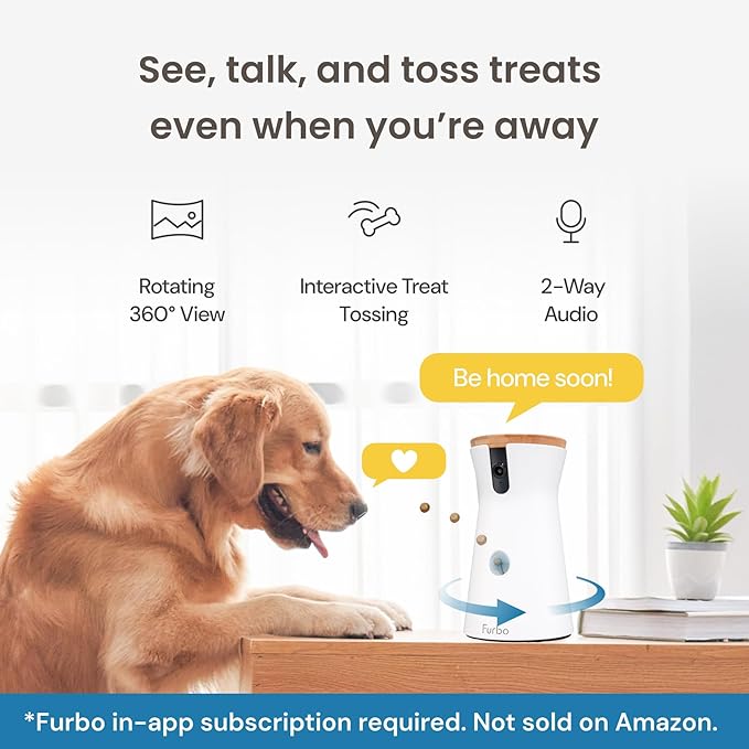 Furbo 360° Dog Camera: Pet Security Cam w/Barking Alerts, Rotating View, Treat Toss w/Phone App, Smart Home Puppy Monitoring, 2-Way Speaker, No Subscription Needed. Standard See, Talk, & Toss Features