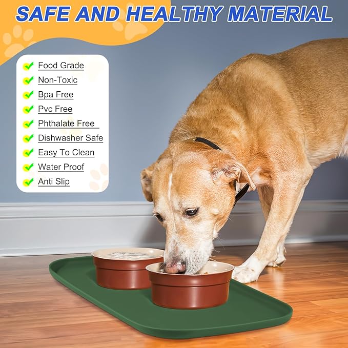 Silicone Pet Feeding Mat with Raised Edge for Food and Water, Dog Bowl Mats, Cat Bowls Placemat with High Lip for Floor Waterproof, Rubber Tray for Cats and Dogs 24 x 16 x0.8 Dark Olive