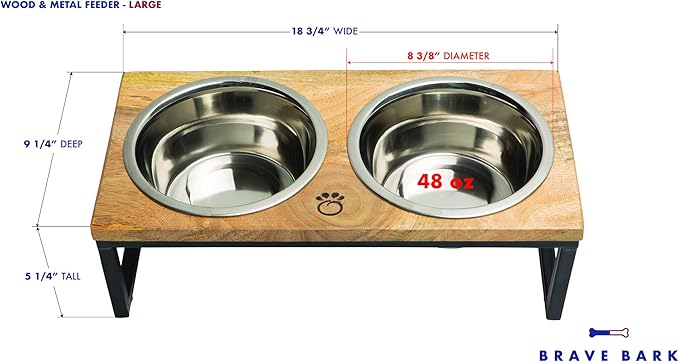 Mango Wood Dog Bowl Stand - Elevated Pet Feeder with 2 Stainless Steel Bowls - Raised Food and Water Dish Set for Dogs and Cats, Available in 4 Sizes, Pet Dining Station, Large/48oz