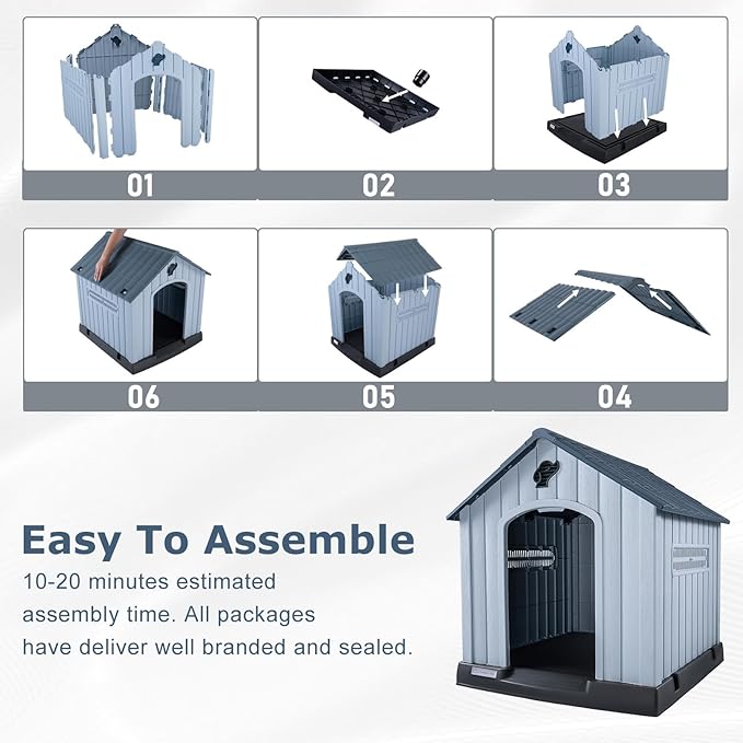 LEMBERI Large Plastic Dog House for Medium Large Dogs, Durable Waterproof Indoor Outdoor Doghouse with Air Vents and Elevated Floor, Easy to Assemble (Gray, 33.5" L x 31.5" W x 33.9" H)