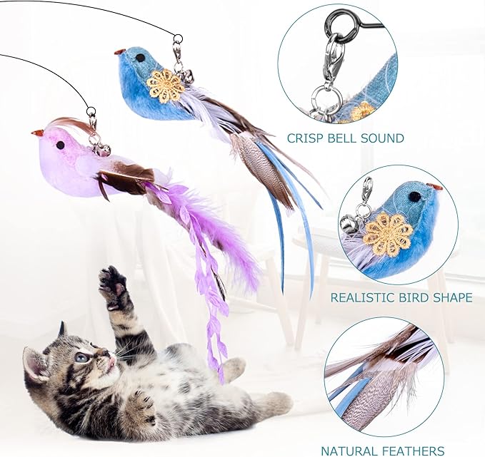 Cat Toys Wand, Interactive Cat Toy with Super Suction Cup Sticky Detachable 12 PCS Feather Replacements 2 Wands Cat Spring Feather Toys for Indoor Cats Kitten Toys (4 Birds Replacements)
