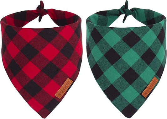 ADOGGYGO Christmas Dog Bandanas 2 Pack, Premium Cotton Fabric, Multiple Sizes Offered, Red Green Plaid Bandanas for Small Medium Dogs (Small, Xmas)