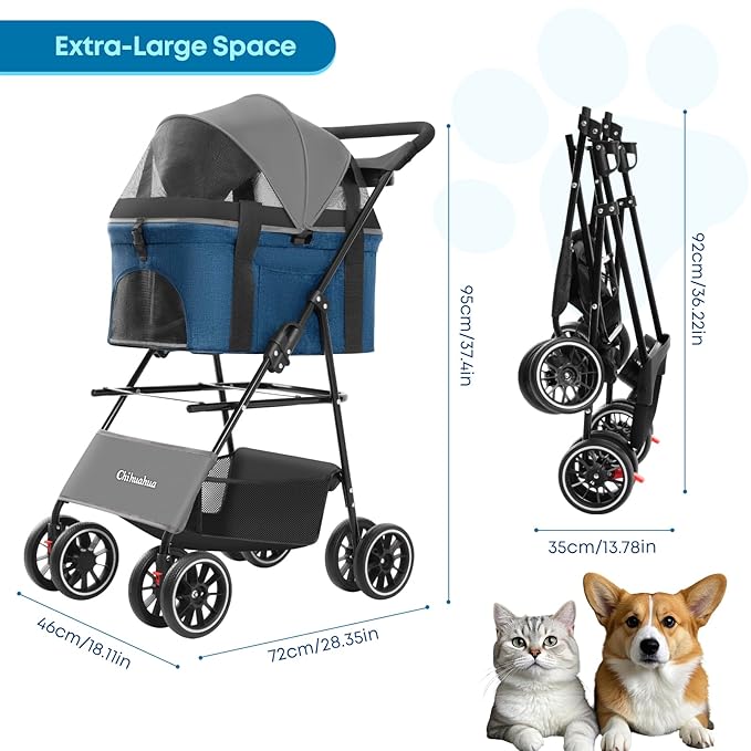 2-in-1 Foldable Pet Stroller with Canopy, 4 Wheels Pet Strolling Cart for Small/Medium Dogs and Cats with Removable Carrier,Breathable Mesh,Mom Tote Bag,Cup Holders,Easy Assembly,Grey+ Green