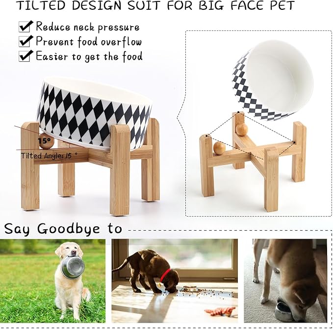 Petygooing Elevated/Raised 15°Slanted Ceramic Dog Bowl for Small and Medium Breeds, Tilted Anti Slip Pet Bowl,Food Water Dish with Stand for Cats and Dogs (28 OZ/3.6 Cups) Black Rhombus