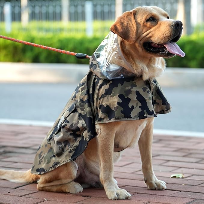 Waterproof Dog Raincoat, Adjustable Reflective Lightweight Pet Rain Clothes with Poncho Hood(Large,Camo)