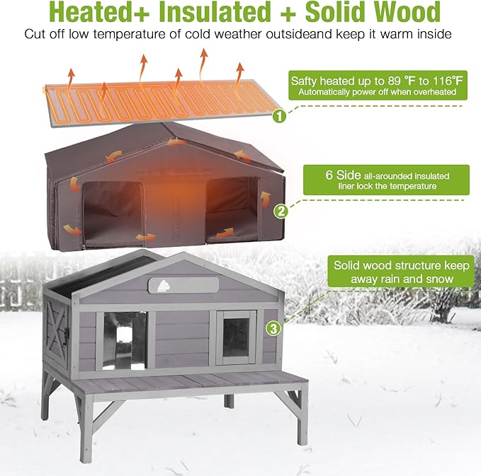 GUTINNEEN Heated Cat House for Outside Outdoor Cat House Insulated with Heated Pad, Insulated Liner, Large Wooden Shelter with Large Porch and Two Escape Doors for Multiple Cats, Grey