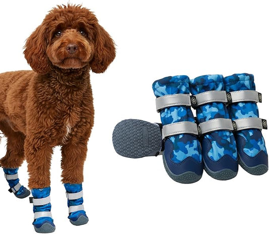Spark Paws Dog Shoes, Waterproof Dog Boots for Medium to Large Dogs, Non Slip, Breathable Dog Booties and Paw Protectors - 4PCS Doggie Hiking Boots with Reflective Straps, Blue Camo, Size 4