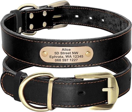 Didog Genuine Leather Dog Collars with Engraved Nameplate, Personalized Soft Leather Dog Collar with Custom ID Tag, Brown/Green/Red for Medium Large Dogs (XXL,Black)