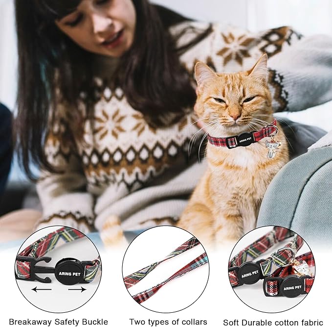 ARING PET 2 Pack Christmas Cat Collars-Cute Cat Collar Breakaway with Bell&Pendant, Cotton Christmas Plaid Kitten Collars with Safety Buckle for Girl and Boy Cats