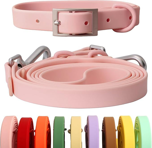 Dog Collar and Leash Set, Durable Waterproof Dog Leashes Collars, 5 Length Setting Adjustable Dog Collars for Large Medium Small Dogs (Sakura Pink, XL)