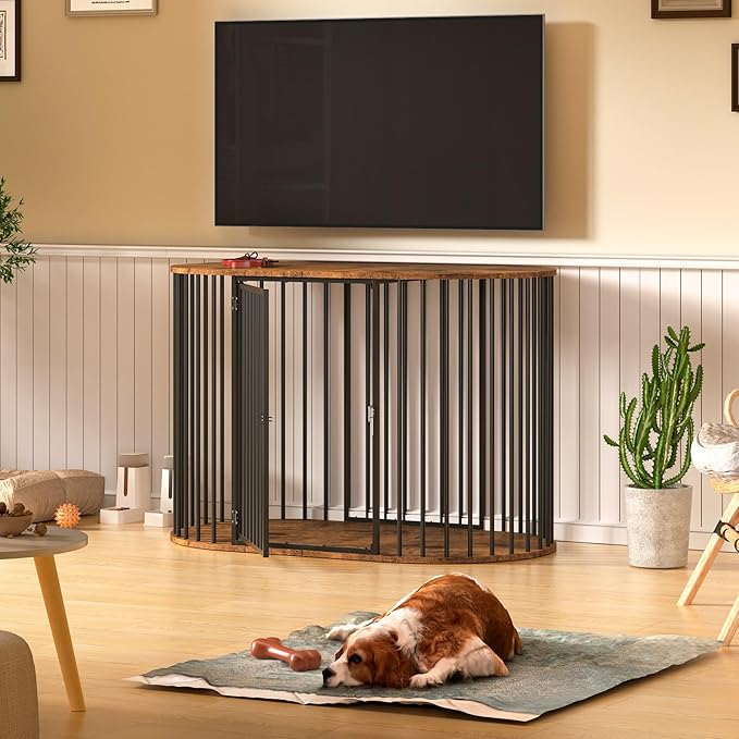 TVU 48 Inch Dog Crate Furniture, Heavy Duty Dog Kennel Indoor for Large Dogs, Oval Decorative Pet House End Table for Living Room, Bedroom, Hallway, 47.2" L x 27.6" W x 31.5" H, Rustic Brown, Black