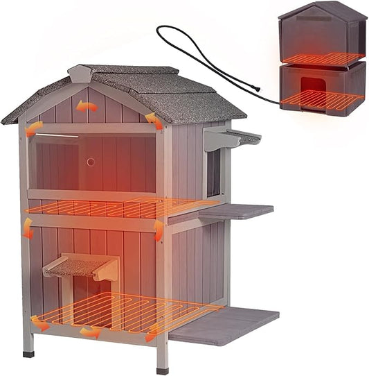 GUTINNEEN Heated Outdoor Cat House for Outside Weatherproof Feral Cat Shelter for Winter with Heater and Insulated Liner Two Story