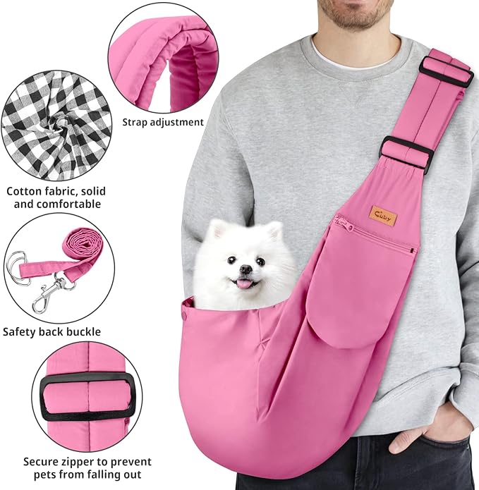 CUBY Dog and Cat Sling Carrier, Hands Free Reversible Pet Papoose Bag, Soft Pouch Adjustable, Suitable for Puppy Cats for Outdoor Travel (Pink Classic, S-Adjustable Strap)
