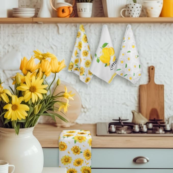 TecUnite 6 Pcs Sunflower Kitchen Towels Lemon Daisy Flower Dishtowels 24 x 16 Inches Floral Absorbent Fast Drying Farmhouse Hand Towels for Christmas Bathroom Gifts Decorations