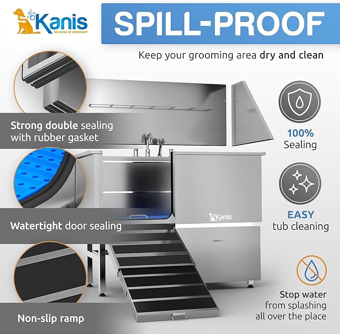 KANIS - 50" Professional Stainless Steel Dog Bathing Station, Left RAMP + 49" Professional Electric Dog Grooming Table, Black